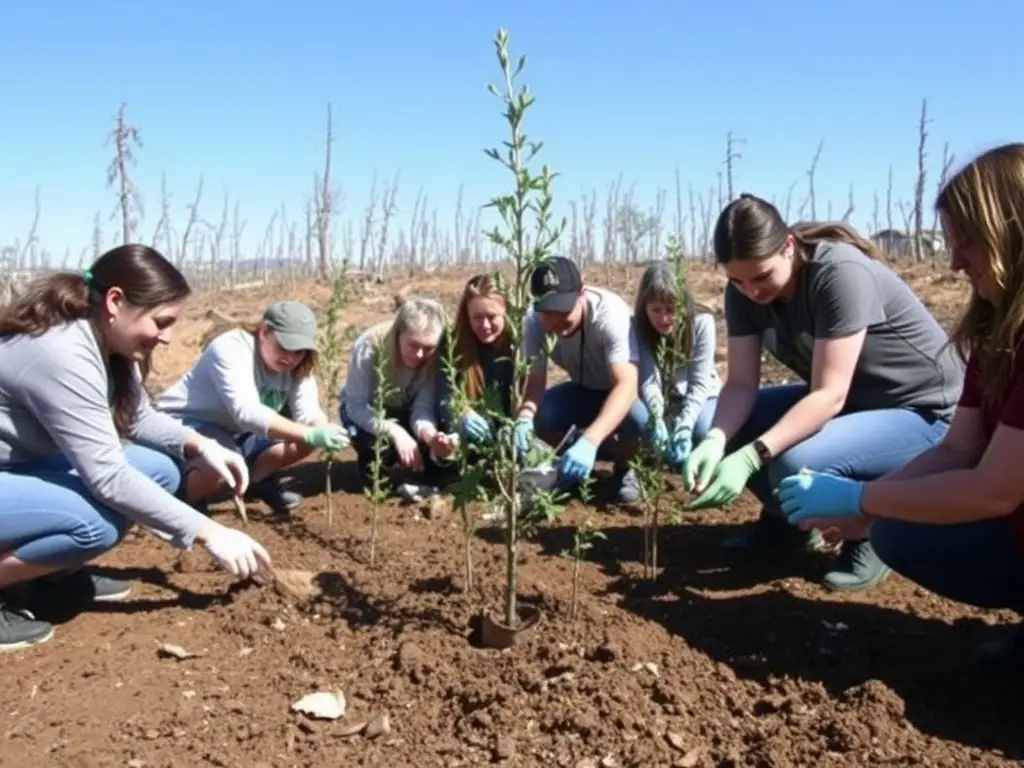 A photograph of a group of volunteers planting trees in a deforested area, symbolizing habitat restoration efforts.