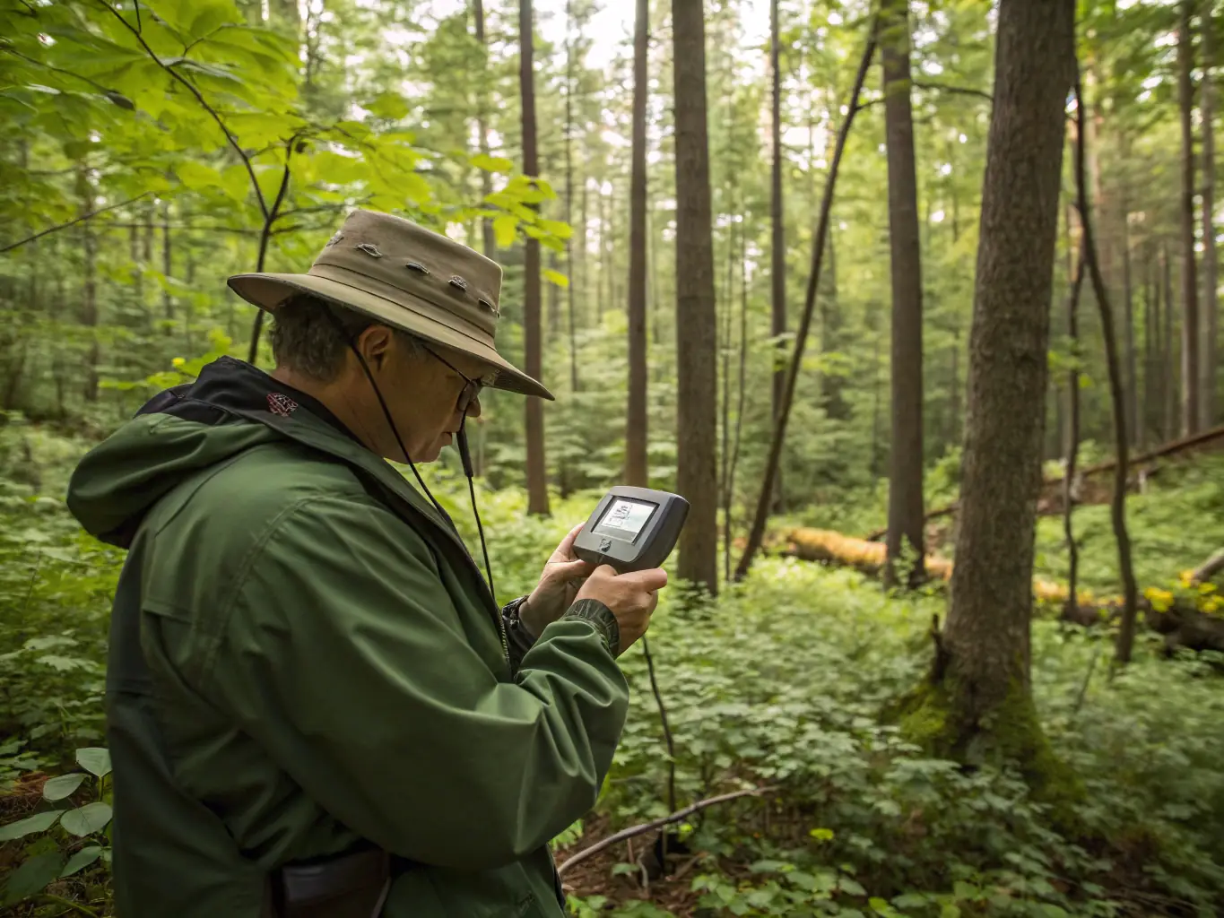 An image of a wildlife biologist monitoring animal populations in their natural habitat, showcasing our commitment to ecological research.